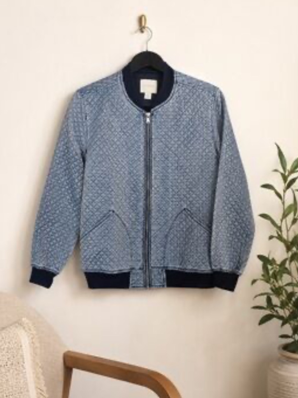 Guess Light Blue Quilted Bomber Jacket with Navy Trim